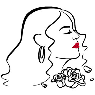 卷发女子与玫瑰女性侧脸线条简约