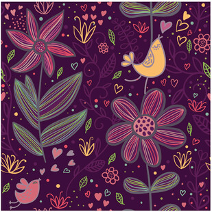 紫色花卉小鸟可爱插画