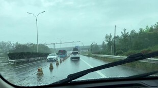 雨中积水路段车辆行驶画面