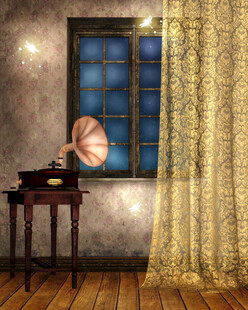 复古房间中的留声机与窗帘