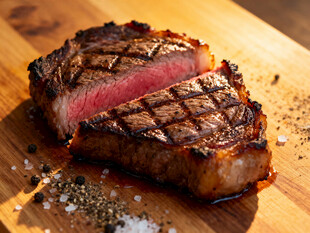 美味牛排置于木砧板上