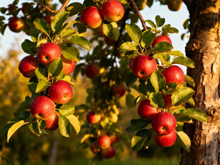 枝头硕果累累的红苹果