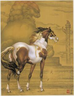 优雅棕白马匹艺术画作