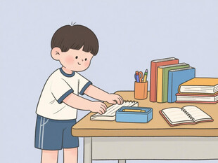 整理书桌的小学生