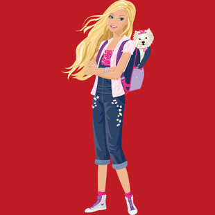 金发芭比女孩怀抱宠物