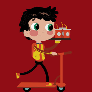 男孩骑滑板车端食物