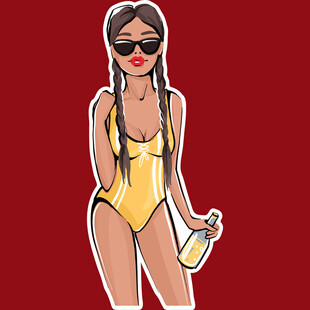 穿黄泳衣的时尚墨镜女郎