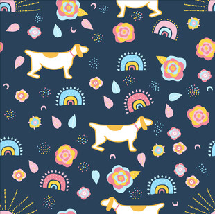 小狗与彩虹花卉图案背景