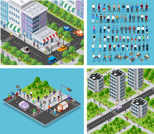 城市建筑等距视角插画