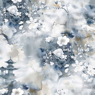 蓝白水墨风抽象花卉图案