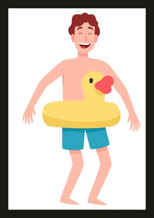 男孩手持泳圈准备游泳