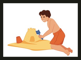 小孩沙滩上专注堆沙堡