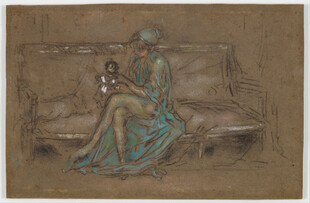 古典女子持镜坐于榻上