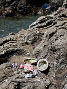 海边岩石上的杂物垃圾