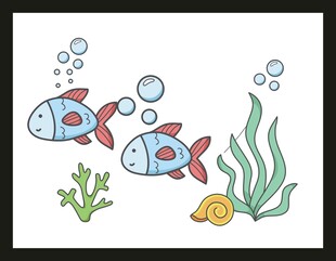 海底小鱼与海草贝壳插画