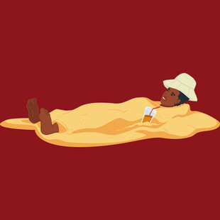 沙滩上惬意躺卧的人物形象