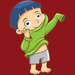 穿绿衣的俏皮卡通小孩