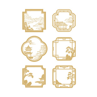 中式线描山纹小院树中国风边框标