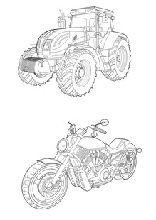 拖拉机与摩托车手绘线稿图