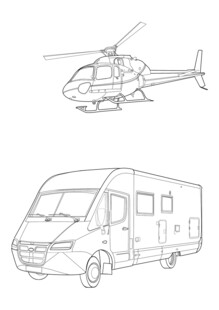 直升机与房车手绘线稿图