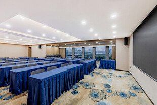 宽敞会议室整齐蓝色桌椅