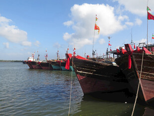 海上渔船列队飘扬红旗