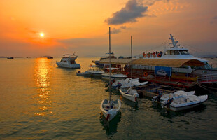 夕阳下的海港停泊景象