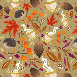 秋日刺猬与热茶植物图案