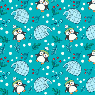 可爱企鹅与冰屋图案背景