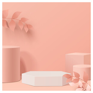 粉色系几何展示台与装饰叶