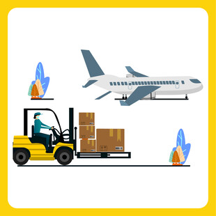 飞机旁叉车搬运货物场景