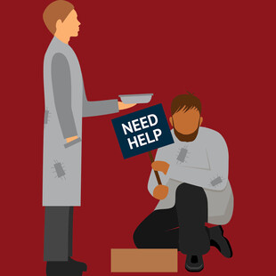 医生递求助牌给跪地患者