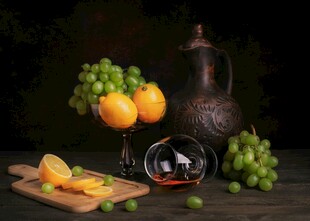 静物 葡萄 柑橘与美酒