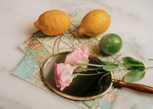 柠檬与花的清新静物组合