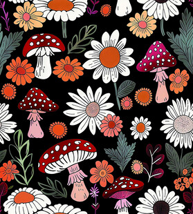 花卉蘑菇图案的黑色背景图