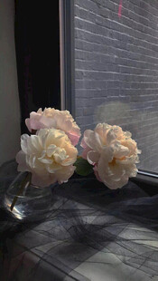 窗边精致的粉色花朵摆件