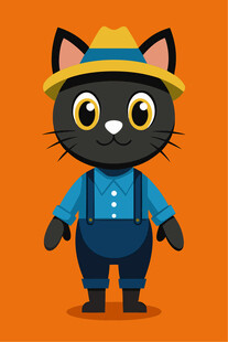 戴帽穿工装的黑猫形象