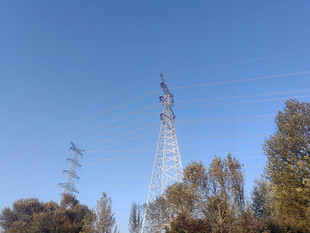 高耸输电塔与秋日树木