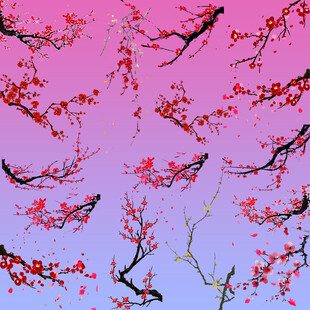 梦幻粉紫背景下的艳丽红梅