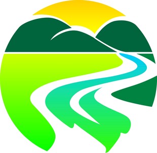 绿色山间蜿蜒河流标志