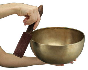 手持木槌敲击金色颂钵