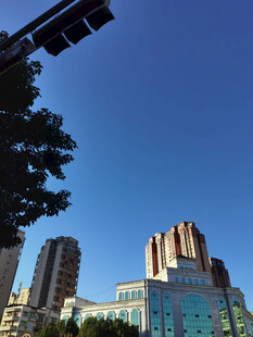 城市天际线与蓝天绿树