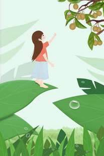 女孩立于绿叶间伸手探枝