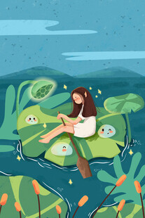 女孩静享荷叶上的惬意时光