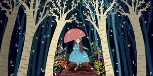 雨中漫步的梦幻森林女孩