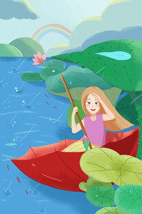 女孩泛舟赏景享惬意时光