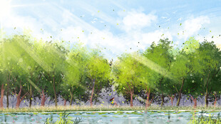 夏日河畔风景图