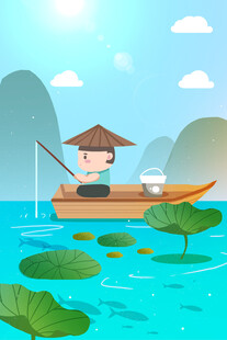 荷塘中撑舟垂钓的古人