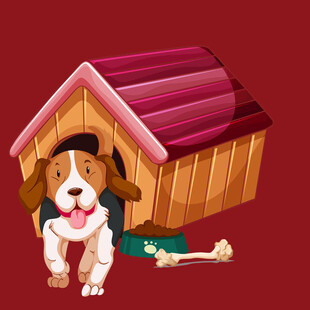 可爱小狗在木屋旁玩耍