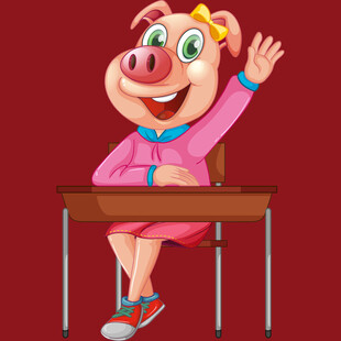 粉色小猪坐在桌前打招呼